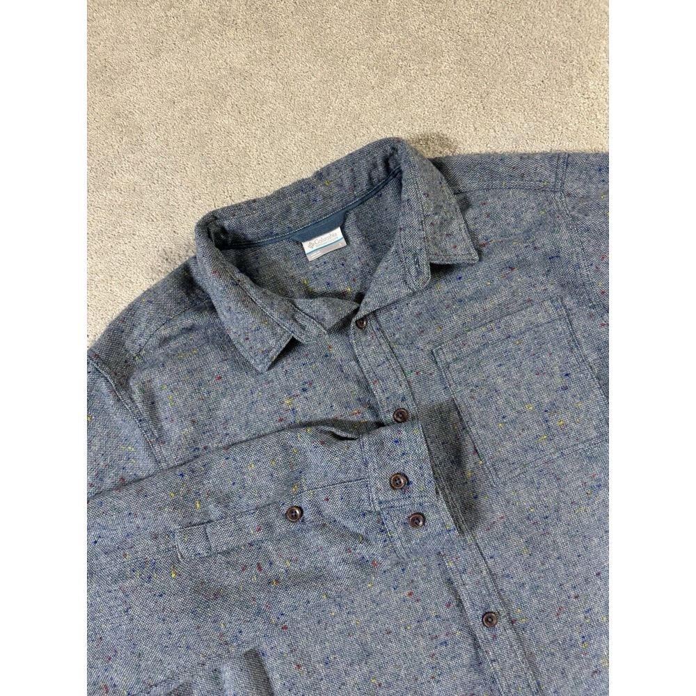 Columbia Men L Heavy Duty Poly Wool Bld Blue‎ Confetti Pattern Long Sleeve Shirt